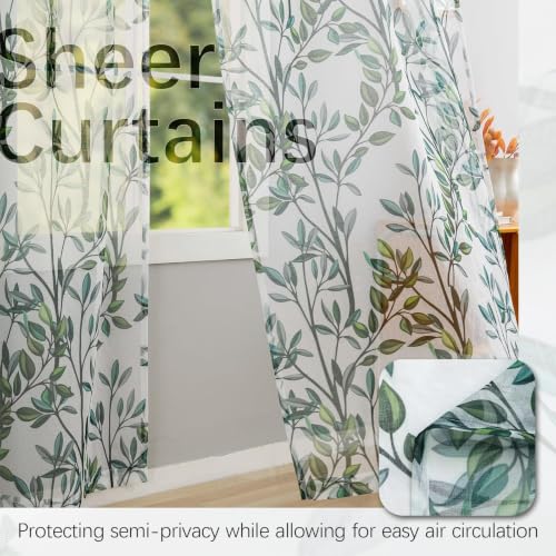 Green Leaves Sheer Curtains for Living Room 84 Inch Length 2 Panels - color: Leaf | Green, size: 50"W x 84"L (Pack of 2)