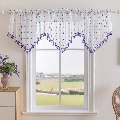 3 Pieces Boho Sheer Valances for Windows, Cute Pom Pom Rod Pocket Light Filtering Short Valance Curtains with Tassels for Nursery Kids Bedroom Bathroom Cafe (Purple A,55"x24") - color: Purple a