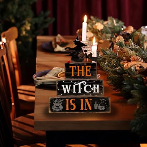 Halloween Decor Indoor - Rustic Wooden Witch Signs Home Decorations for Farmhouse Kitchen, Shelf, Living Room, Tabletop Decorations, Suitable for Fall Party Table Centerpiece - style: Halloween