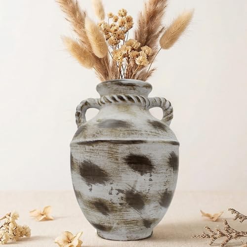 12 Inch Large Cermaic Vase, Rustic Farmhouse Flower Vase with Handmade Speckled Pottery, Brown Decorative vases for Table & Entryway Centerpiece Home Decor