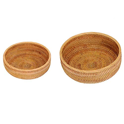 Set of 2 Round Rattan Bowl Baskets, 8 9 Inch Handmade Wicker Basket Tray with 3”Deep Wall, Decorative Woven Brown Bread Basket Fruit Bowl Table Key Holder, 2-Size - size: 2-Size Kit (Includes 8" & 9")