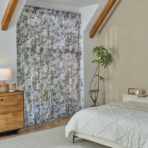 Green Leaves Sheer Curtains for Living Room 84 Inch Length 2 Panels - color: Leaf | Green, size: 50"W x 84"L (Pack of 2)