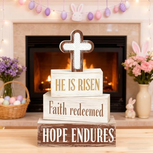 Easter Decorations - He Is Risen Cross Tiered Tray Decor - Faith Redeemed Religious Wooden Tabletop Sign - Farmhouse Easter Christian Home Decor Indoor - Spring Home Decor for Living Room, Kitchen Counter, Seasonal Farmhouse Display - style: Cross