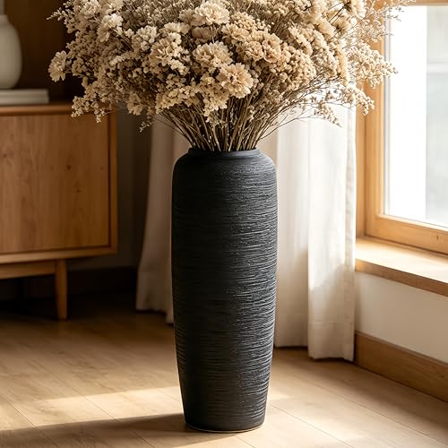 Black Rustic Ceramic Floor Vase, 19.7 Inch, Ribbed Texture - size: 19.7 Inch