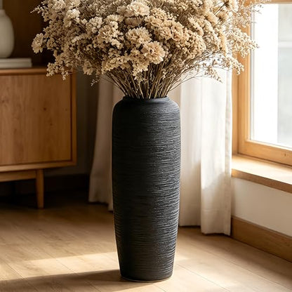 Black Rustic Ceramic Floor Vase, 19.7 Inch, Ribbed Texture - size: 19.7 Inch