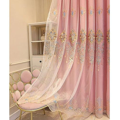 Amidoudou 1 Pair European Curtains with Valance Attached Double Layer Curtains for Living Room Bedroom (Pink,51x84 Inch) - color: Pink, size: 51"W x 84"L (Pack of 2)