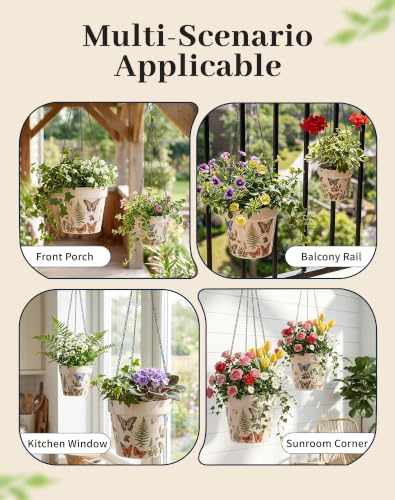 Stoneware Hanging Planters Set of 2,Large 7" + Small 5" - color: Set 2-butterfly Garden