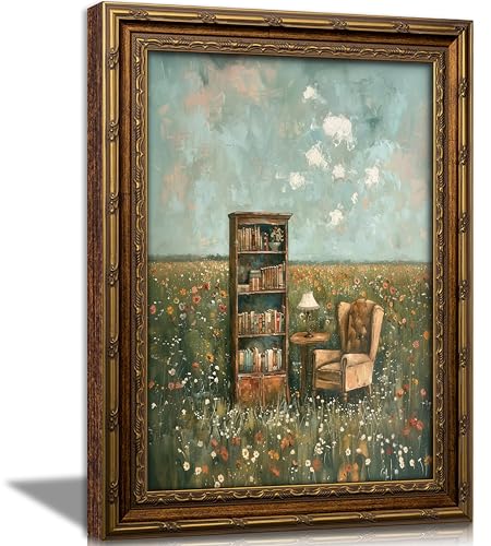 Vintage Gold Framed Reading Wall Art Whimsical Book Lover Painting Canvas Impressionist Flower Field Picture Wall Decor French Rustic Book Nook Bookish Gifts Print Artwork For Reading Room Bedroom - color: Book, size: 11"L x 9"W