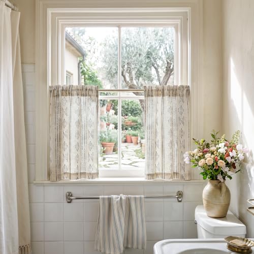 jinchan Linen Striped Tier Curtains for Kitchen Windows Black 26 x 24 inch - color: Boho Black | on Beige, size: 26"W x 24"L (Pack of 2)