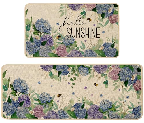 Baccessor Hydrangea Kitchen Mats Set of 2, Spring Summer Floral Bee Kitchen Rugs for Floor Non Slip Absorbent Low-Profile Seasonal Farmhouse Home Decor 17x29 and 17x47 Inch - color: Hydrangea