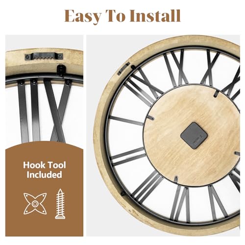 Large Farmhouse Wall Clock for Living Room Decor,24 in Round Carved Wooden Wall Clock,Rustic Silent Non-Ticking Decorative Wall Clocks for Bedroom/Kitchen/Entryway/Office/Dining Room - style: Farmhouse clock 2