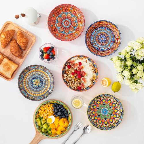 vancasso 32 Oz Pasta Bowls, Porcelain Large Colorful Salad Soup Bowls Set of 6, Pasta Serving Bowls Plates for Kitchen, Dishwasher & Microwave Safe, Series KRVI - color: Boho