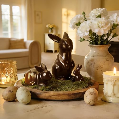 Tuitessine Set of 3 Easter Decorations Chocolate Ceramic Bunny Figurines Spring Home Decor Tiered Tray Desktop Mantle Shelf Table Centerpiece Mantel Display Easter Rabbit Ornaments Ideas