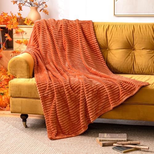 MIULEE Fleece Throw Blanket for Couch 300GSM Super Soft Lightweight Plush Striped, Fall Burnt Orange Warm Cozy Breathable Ribbed Blanket for Bed/Sofa, Throw Size 50"x60" - color: Burnt Orange, size: 50"x60"