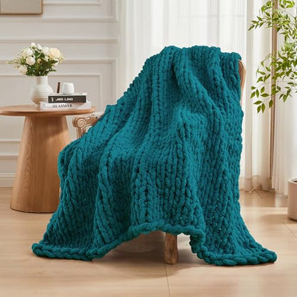 Carriediosa Chunky Knit Throw Blanket 50" x 60", 100% Hand Made, Teal - color: Teal, size: 50" X 60"