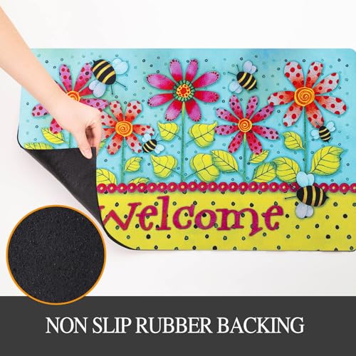 Welcome Mat 17x29 Non Slip Rubber Back Door Mat Outside Entrance - color: Polka-dot Bee