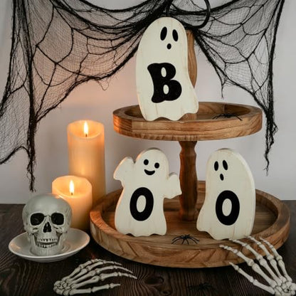 3 Pcs Halloween Table Decorations Indoor Halloween Ghost Decorations Wooden Boo Signs Rustic Halloween Table Centerpiece for Home Shelf Mantel Tabletop Windowsill Party
