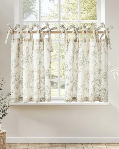 jinchan Green Floral Kitchen Tier Curtains Alice 24 Inches Tie Top 2 Panles - color: Alice Green on Linen, size: 26"W x 24"L (Pack of 2)