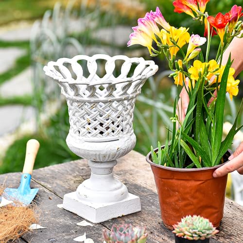 Sungmor Cast Iron White Urn Planter - 10 Inches Hollow Trophy-Shaped Design - color: Antique White - Urn