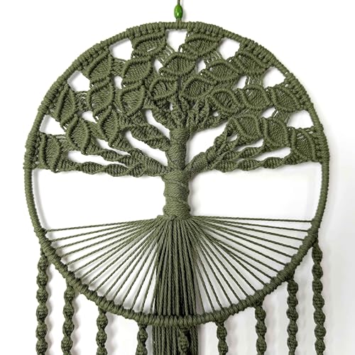 Large Tree of Life Dream Catchers, Macrame Wall Hanging, Boho Woven Tapestry, Macrame Wall Decor Art for Adults Boys Girls Bedroom Wedding Party, Festival Blessing Gift (Green & Brown)