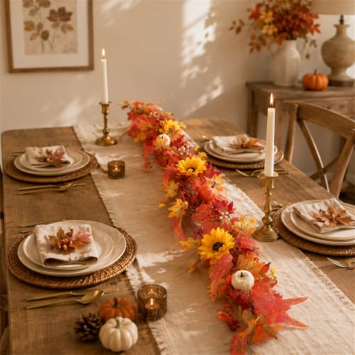 6 FT Lighted Fall Garland for Mantel, Fall Leaves Garland for Halloween