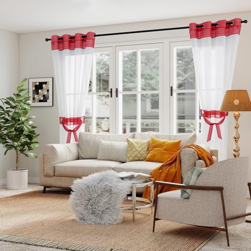 L.Z.E Red and White Sheer Curtains 63 Inch Length 2 Panels for Living Room Dining Room, Transparent Elegant Window Drapes for Home Decor, Short Small Curtain with Tiebacks Grommet Top - color: Red, size: 56"W x 63"L (Pack of 2)