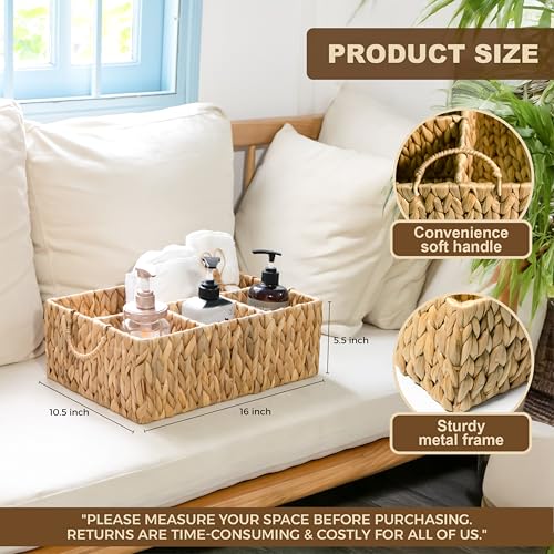 KOKODO Divided Storage Basket Woven Natural Basket Hyacinth for Organizing Bathroom Pantry Shelves Office Supplies Organization Everyday Wicker Storage Baskets 4 Section Rectangular Tray - size: 15.5x10.5x5.5