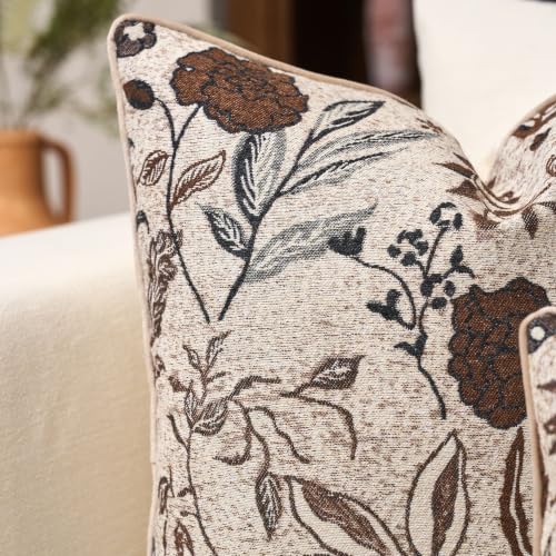 Beige Brown Floral Textured Throw Pillow Cover 24x24 Fall Vintage Rust Pillow Cover Farmhouse Summer Leaf Cushion Cover Chenille Neutral Flower Pillowcase Home Decor for Sofa Living Room Bed - color: Beige and Brown, size: 24" x 24" (Pack of 1)