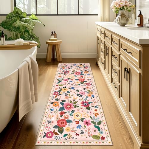 Floral Washable 2x8 Area Rugs Runner Entryway Hallway Pink - color: Pink, size: 2' x 8' (Runner)