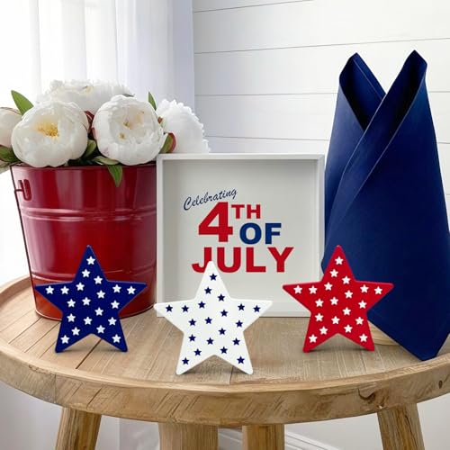 4th of July Table Decorations 3 PCS, Fourth of July Red White Blue Wooden Star Decor Centerpiece for Indoor Home, 250th Anniversary Memorial Day Patriotic Gift Sign for Mantel Office Tiered Tray Party - style: Wooden Stars