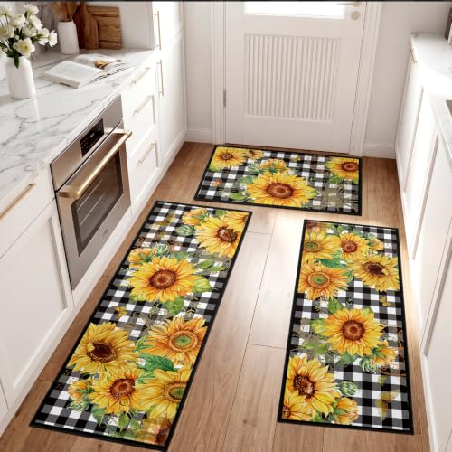 Fourluoo 3 Pcs Sunflower Kitchen Rugs and Mats Set Black White Plaid - color: Black White Gray