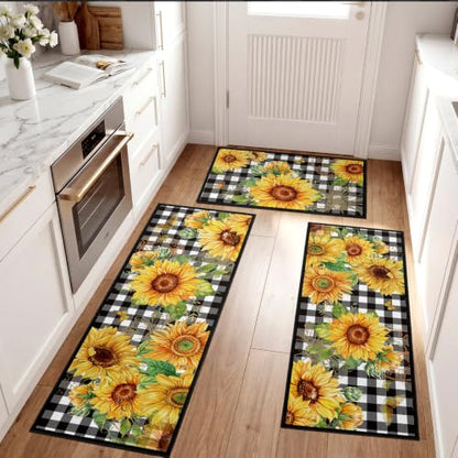 Fourluoo 3 Pcs Sunflower Kitchen Rugs and Mats Set Black White Plaid - color: Black White Gray