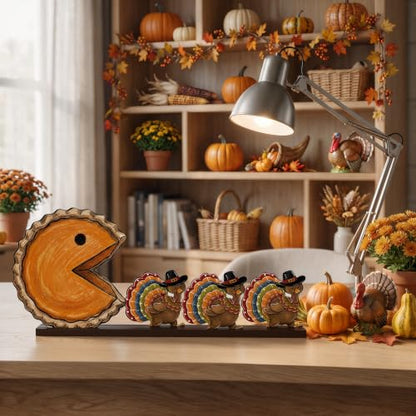 Smile Thanksgiving Wooden Standing Decor, Pumpkin Pie Turkey and Mini Turkeys Tiered Tray Tabletop Signs With Stands for Home And Party Decorations - style: Retro