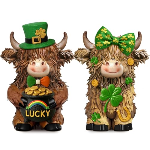 2 Pack Resin St. Patrick's Day Highland Cow Decor Gifts - style: St. Patrick’s Day