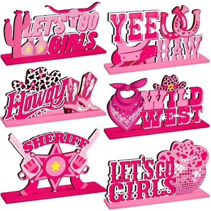 CroBlissful 6 Pcs Western Cowgirl Party Decorations Wooden Let's Go Girls Table Centerpieces Pink Disco Cowgirl Table Decor for Western Girl Birthday Bachelorette Spring Rodeo Party Supplies - style: Cowgirl