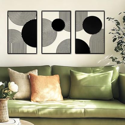 YIYA 3 Pieces Black Metal Wall Decor Black Modern Geometric Wall Decor Hanging Minimalist Line Wall Art for Bedroom Living Room Bathroom Balcony Gallery - style: semicircle