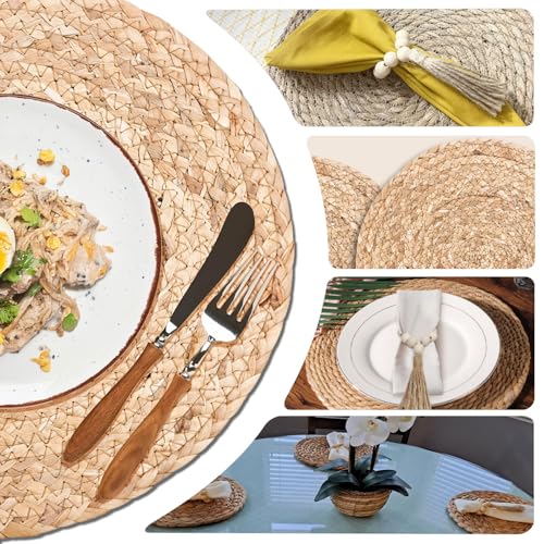 Woven Placemats Set of 6, 13.8 Inch Round Natural Water Hyacinth Rattan Placemats with Wooden Beads Napkin Rings for Farmhouse Dining Table Decor, Thanksgiving Halloween Christmas