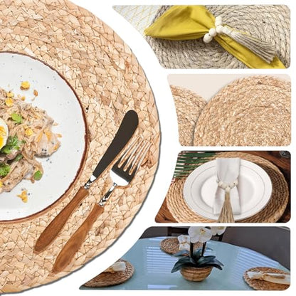 Woven Placemats Set of 6, 13.8 Inch Round Natural Water Hyacinth Rattan Placemats with Wooden Beads Napkin Rings for Farmhouse Dining Table Decor, Thanksgiving Halloween Christmas