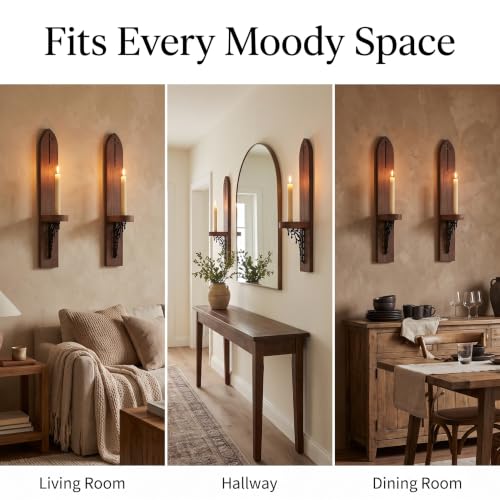 Gothic Wall Sconces, Wooden Wall Candle Holders, Brown, Set of 2