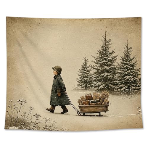 EGBTL Vintage Christmas Tree Boy Nursery Wall Tapestry, Rustic Winter Snowy Boy Xmas Tapestry for Home, Christmas Tapestries Wall Hanging Decor for Boys Bedroom Room Playroom 50x60 Inches - color: Christmas19
