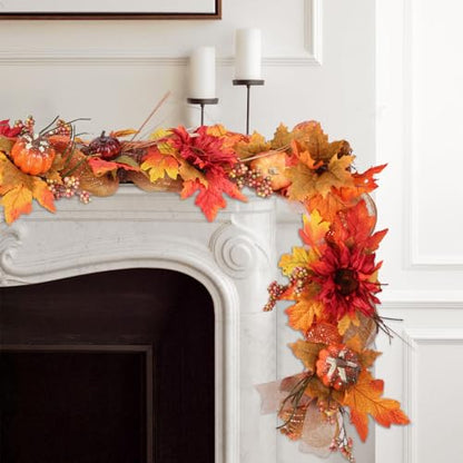 6ft Thick Fall Maple Leaves Garland with Sunflower & Pumpkin