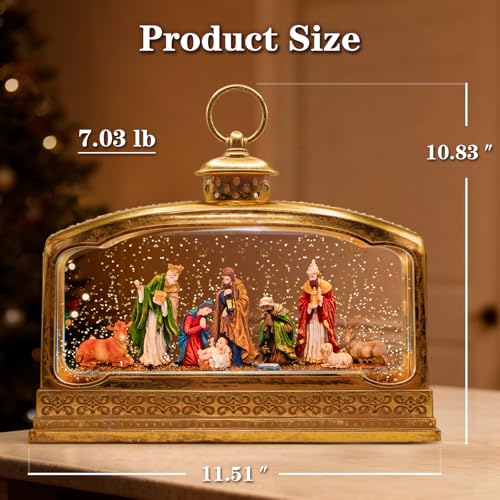 Premium Nativity Christmas Lantern, 11.5" Lighted Snow Globe with Mary Joseph Baby Jesus Scene, Musical Water Lantern with 8 Songs, 6H Timer, USB & Battery Powered, Religious Holiday Decor Gift - color: Gold 31
