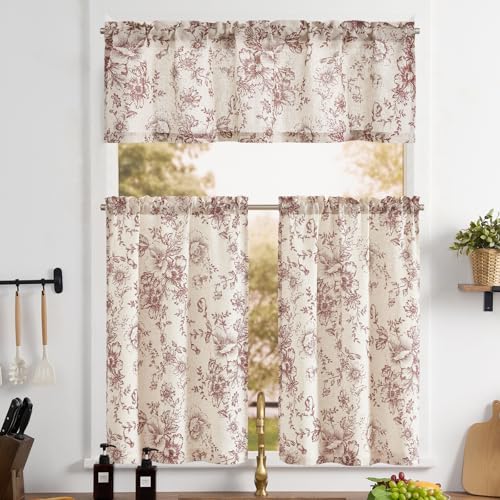 jinchan Red Floral Linen Kitchen Tier Curtains and Valance Set 3 Pieces - color: Alice | Red on Linen, size: 26"W x 24"L (Pack of 3)