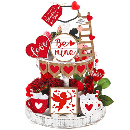 Frienda 12 Pieces Tiered Tray Decor Buffalo Plaid Table Wooden Sign Decorations Cupid Tabletop Heart Signs Be Mine Love Decor for Party Home Kitchen Holiday - style: Heart