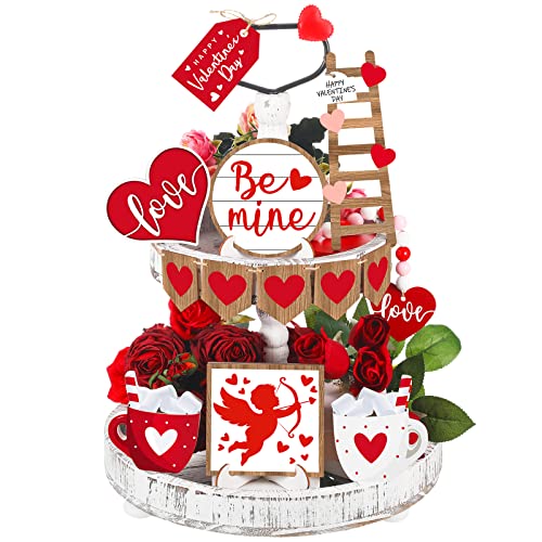 Frienda 12 Pieces Tiered Tray Decor Buffalo Plaid Table Wooden Sign Decorations Cupid Tabletop Heart Signs Be Mine Love Decor for Party Home Kitchen Holiday - style: Heart