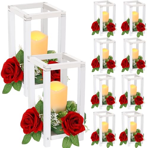 Hushee 30 Pcs Wooden Wedding Lantern Centerpiece, Red Rose, White - color: White and Red, size: 10.6 x 5.5 x 5.5 inches