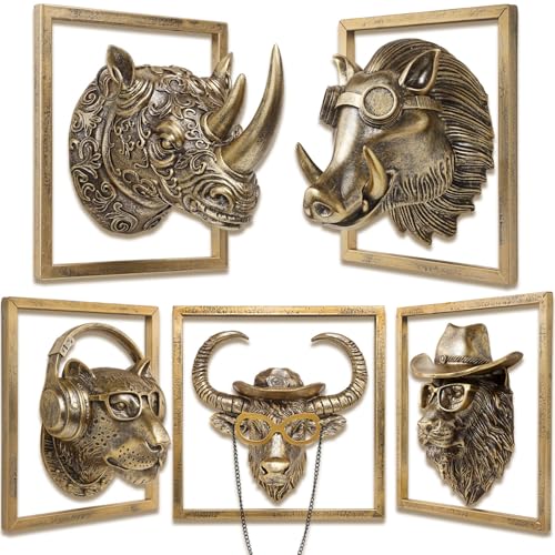 JJALIGHTS Exquisite Resin Animal Head Wall Sculpture (Gift Metal Frame) - Imitation Copper Vintage Decor for Living Room, Bedroom & Office | Decorative Wall Hanging Art - color: Bronze Five pcs