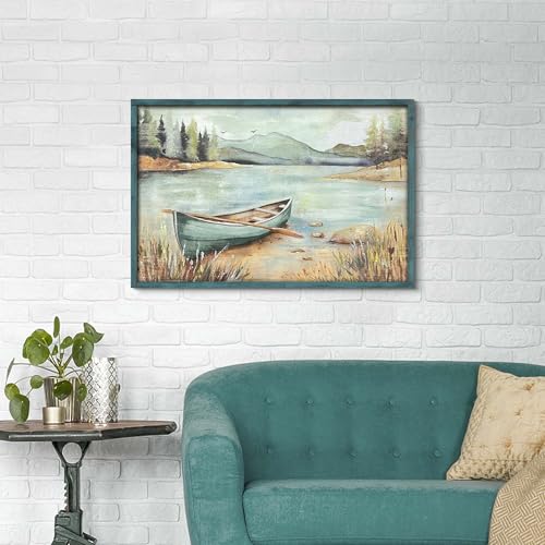 HILL WEST Farmhouse Nature Painting Lake Boat Framed Wall Art, 36x24inch - color: Boat, size: 36"L x 24"W