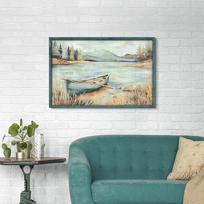 HILL WEST Farmhouse Nature Painting Lake Boat Framed Wall Art, 36x24inch - color: Boat, size: 36"L x 24"W