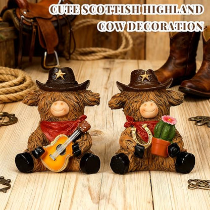 2 Pcs Resin Highland Cow Figurines Decor, Western Cowboy Style - style: Cowboy